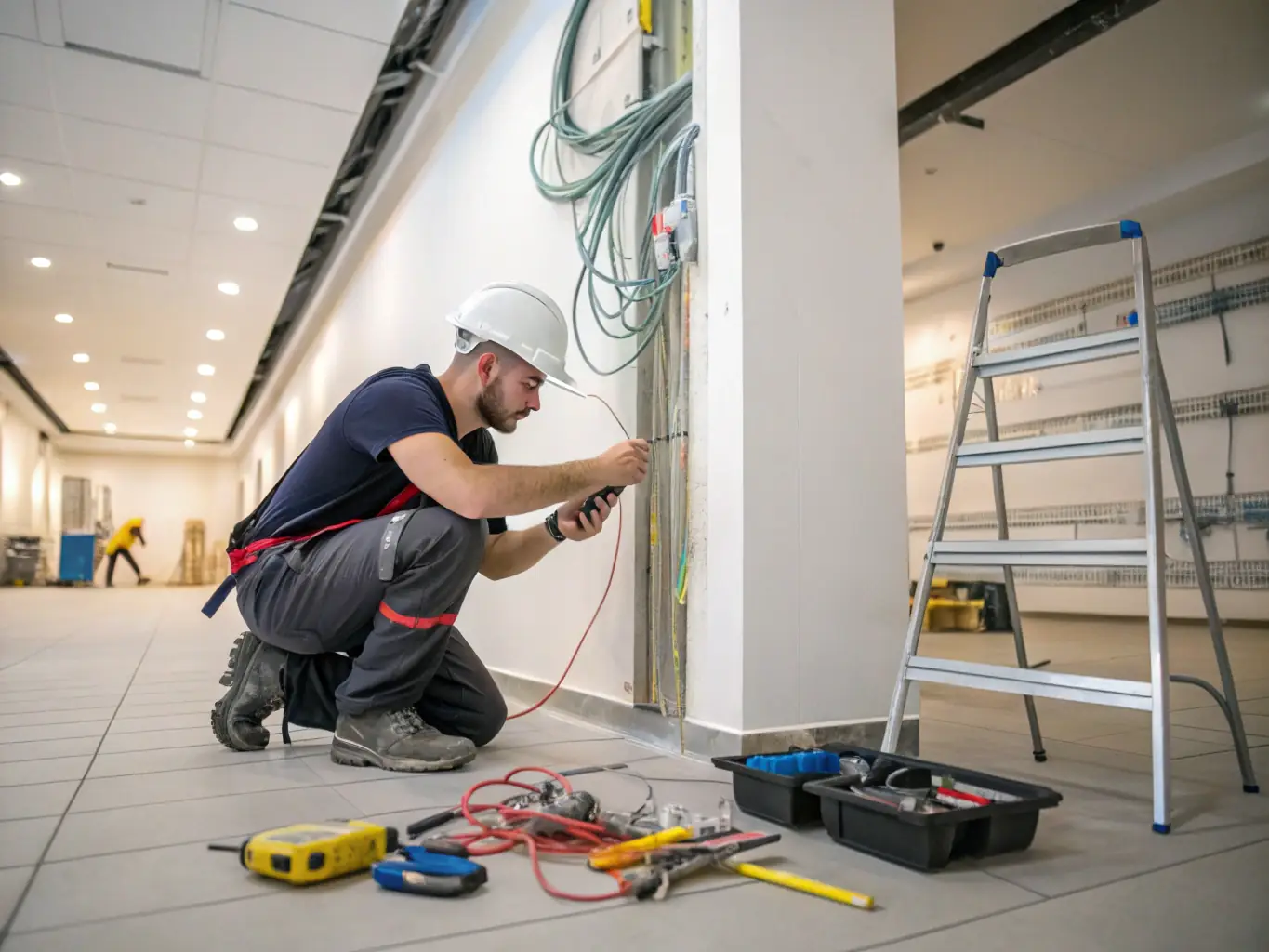 A focused image of an electrician working on electrical wiring in a commercial building, showcasing precision and expertise.
